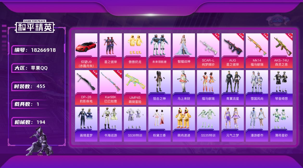 和平精英账号苹果QQ[18266918]5粉装 7特效枪 1载具 11印记 可二次 可修改实名 
【热门装扮】未来领航者