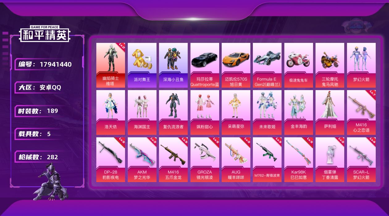 和平精英账号安卓QQ[17941440]安卓 手Q-1神装-9粉装-15特效枪-5载具-6粉色飞行器-95004热力值-17王牌印记-189套装-282枪皮【红色神装等级】：幽焰骑士-维塔(二级)【红色角色神装】：幽焰骑