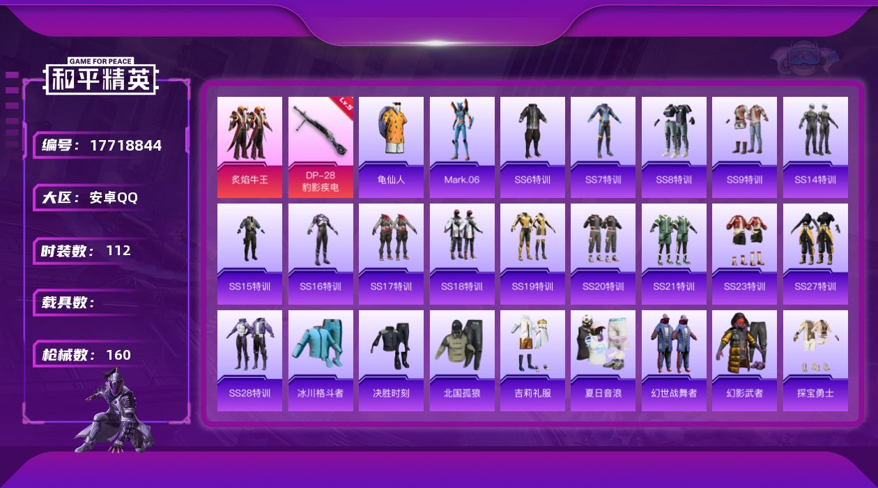 和平精英账号安卓QQ[17718844]安卓 手Q-1粉装-3特效枪-0载具-1粉色飞行器-43889热力值-3王牌印记-112套装-160枪皮
【热门品类】：套装-龟仙人，角色-Mark.06
【粉色套装】：粉装-炙焰