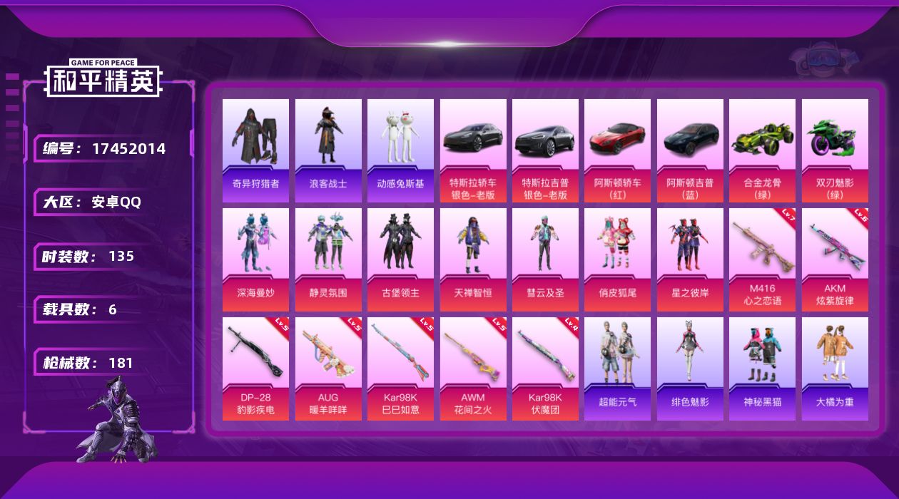 和平精英账号安卓QQ[17452014]【特价出售/店主推荐】
安卓 手Q-7粉装-7特效枪-6载具-5粉色飞行器-71580热力值-7王牌印记-135套装-181枪皮
【热门品类】：套装-奇异狩猎者，套装-浪客战士，套