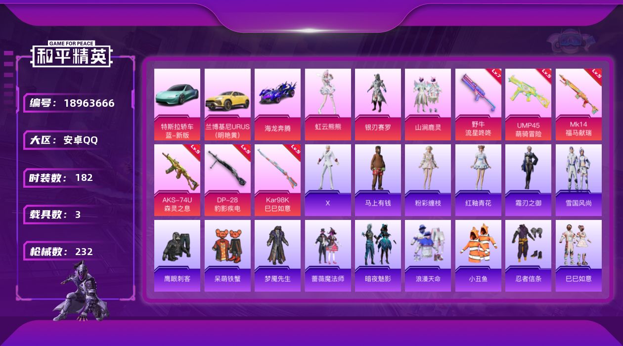 和平精英账号安卓QQ[18963666]182套装/枪械6/装备255/载具3/战备158/王牌印记12/热力值69708/五级UMP45-萌骑冒险/七级野牛-流星咚咚/五级AKS-74U-森灵之息/五级Kar98K-巳