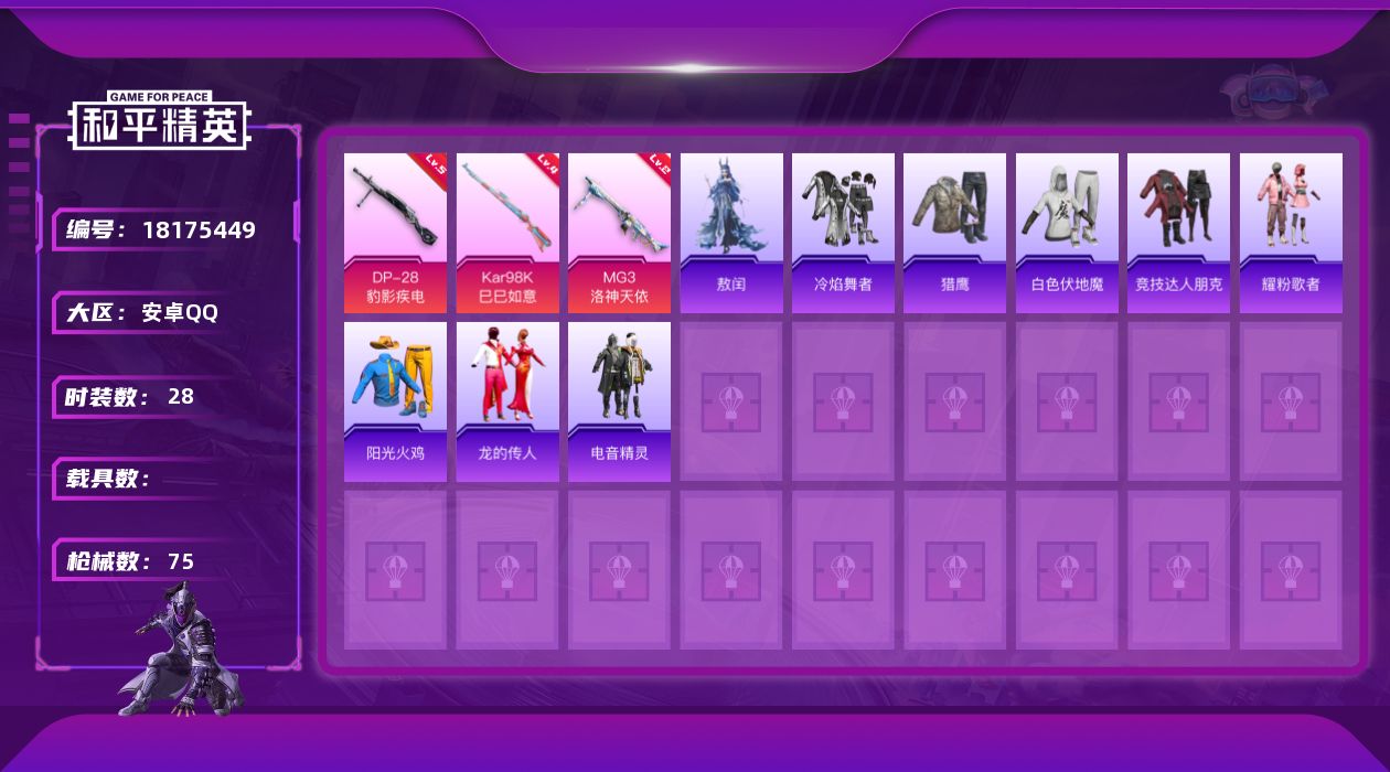 和平精英账号安卓QQ[18175449]安卓 手Q-0粉装-4特效枪-0载具-1粉色飞行器-15781热力值-4王牌印记-28套装-75枪皮
【粉色枪皮等级】：Kar98K-巳巳如意(四级)，Mk14-福马献瑞(四级)，