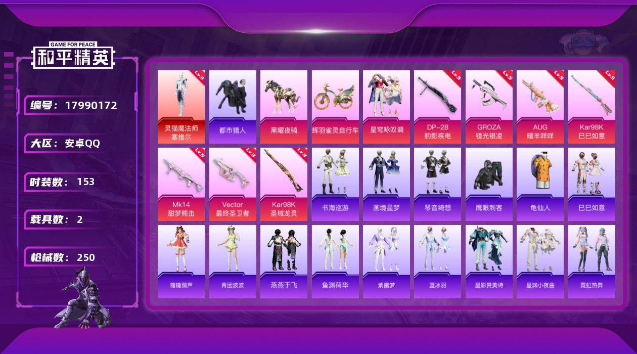 和平精英账号安卓QQ[17990172]安卓 手Q-1神装-3粉装-9特效枪-2载具-8粉色飞行器-75139热力值-6王牌印记-153套装-250枪皮
【红色神装等级】：灵猫魔法师-塞维尔(三级)
【红色角色神装】：灵