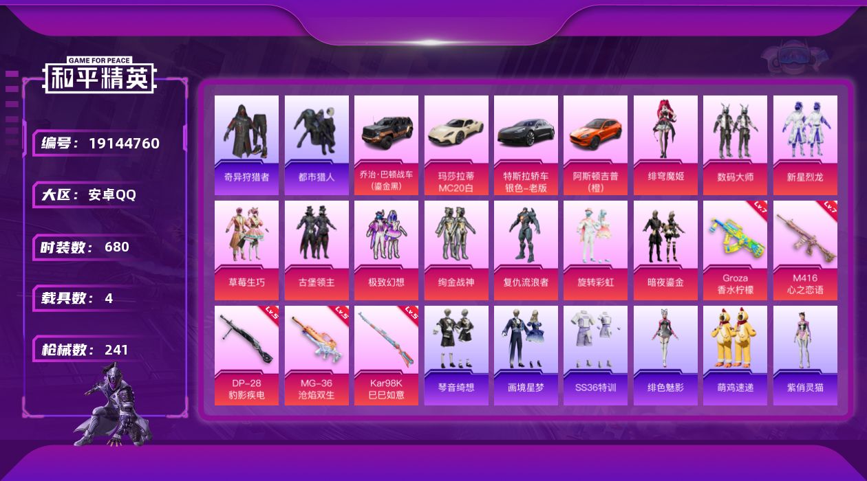 和平精英账号安卓QQ4载具-162套装-241枪皮-连体王者V7-205皮肤9传说-s1外套 都市猎人 小番茄5稀有4载