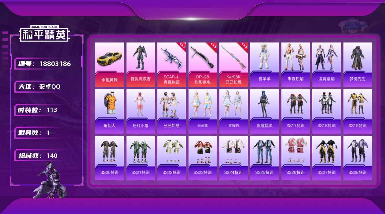 和平精英账号安卓QQ[18803186]113套装/枪械3/装备140/载具1/战备114/王牌印记8/热力值42152/七级SCAR-L-青春物语/五级Kar98K-巳巳如意/五级DP-28-豹影疾电/龟仙人/粉红小猪