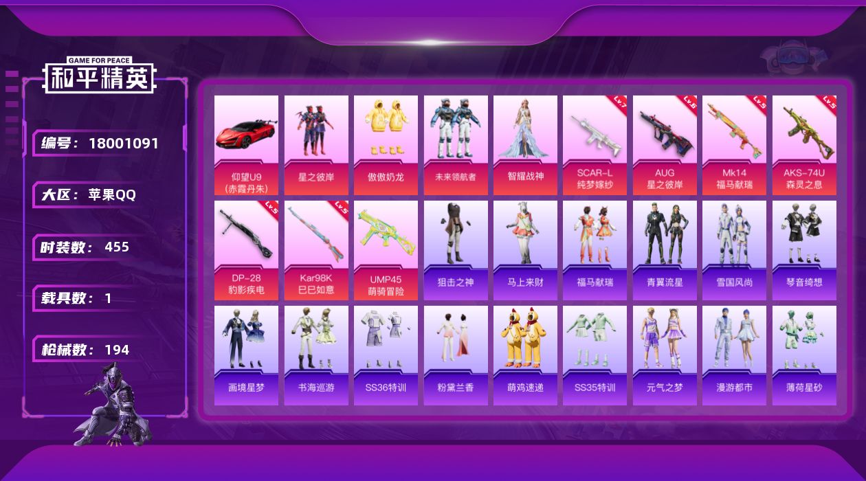 和平精英账号苹果QQ5粉装 7特效枪 1载具 11印记 可二次 可修改实名 
【热门装扮】未来领航者,智耀战神,星之彼岸