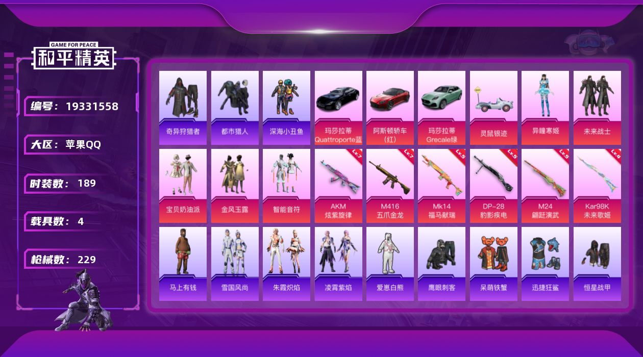 和平精英账号苹果QQ[19331558]苹果 手Q-无敌战神框-5粉装-6特效枪-4载具-1粉色飞行器-73868热力值-13王牌印记-189套装-229枪皮
【热门品类】：套装-浪漫天命，套装-都市猎人，套装-深海小丑