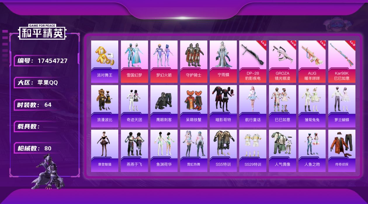 和平精英账号苹果QQ[17454727]苹果 手Q-4粉装-7特效枪-0载具-0粉色飞行器-24921热力值-3王牌印记-64套装-80枪皮
【热门品类】：粉装-雪国幻梦，粉装-梦幻火箭，套装-派对舞王，套装-AG战队服