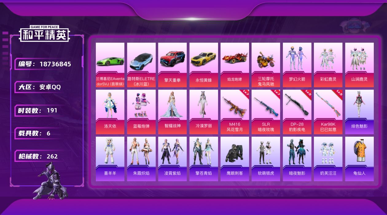 和平精英账号安卓QQ[18736845]安卓 手Q-7粉装-5特效枪-6载具-3粉色飞行器-89250热力值-13王牌印记-191套装-262枪皮
【热门品类】：粉装-梦幻火箭，套装-龟仙人，套装-粉红小猪
【粉色套装】