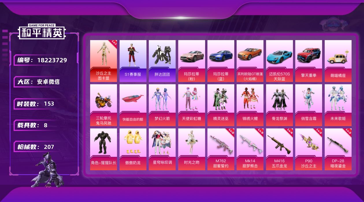 和平精英账号安卓微信[18223729]安卓 微信-1神装-11粉装-7特效枪-8载具-3粉色飞行器-81122热力值-8王牌印记-153套装-207枪皮
【红色神装等级】：沙丘之主-图卡盟(一级)
【红色角色神装】：沙