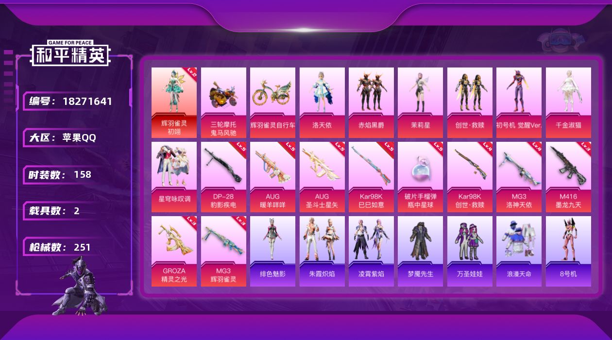 和平精英账号苹果QQ[18271641]1200红装碎片 苹果 手Q-1神装-7粉装-10特效枪-2载具-8粉色飞行器-77636热力值-4王牌印记-158套装-251枪皮
【红色神装等级】：辉羽雀灵-初翊(二级)
【红