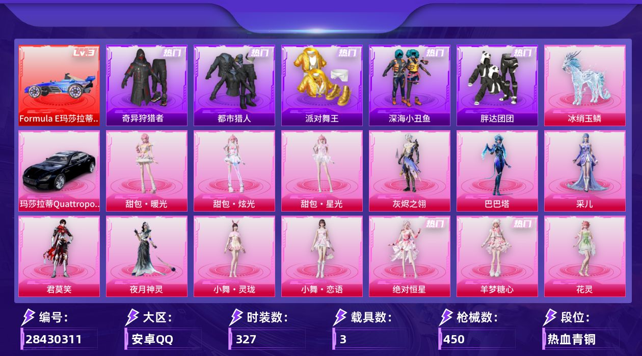 [28430311]安卓手Q-历史最高段位：超级王牌33星-34粉装-32特效枪-3载具-15粉色飞行器-158399热力值-23王牌印记-327套装-450枪皮
【红色载具等级】：Formula E玛莎拉蒂车队（掠影蓝）(三级)
【热门品类】：粉装-梦幻火箭，粉装-缤纷油彩，绝对防御上衣，套装-浪漫天命，套装-都市猎人，套装-派对舞王，套装-深海小丑鱼，套装-奇异狩猎者，套装-胖达团团，套装-忍者信条，套装-暗夜之虎，套装-龟仙人，套装-潮萌小黄鸭，套装-暗影哥特，套装-红熊茄茄
【粉色套装】：角色-绝对恒星，角色-灰烬之翎，粉装-碎梦浮光，粉装-幻影战神，粉装-梦幻火箭，粉装-智能音符，粉装-缤纷油彩，角色-洛天依，粉装-海盐物语，粉装-恐龙拽拽，粉装-甜梦小狐，粉装-彩虹甜喵，粉装-第五大道，玩偶服-猪猪侠，角色-美雪，角色-美琪，角色-樱桃泡泡，粉装-星穹咏叹调，角色-荧海星豚，角色-绯穹魔姬，角色-花灵，角色-羊梦糖心，人物-小舞·灵珑，人物-小舞·恋语，角色-夜月神灵，角色-君莫笑，角色-采儿，角色-巴巴塔，人物-甜包·暖光，人物-甜包·炫光，人物-甜包·星光，人物-洛天依·龙灵，人物-洛天依·花嫁，人物-洛天依·星霓
【粉色枪皮等级】：轻型迫击炮-酷夏轰炸(一级)，AKM-炫紫旋律(七级)，AKM-绿萝繁花(五级)，SCAR-L-锦绣绵绵(五级)，SCAR-L-魔童闹海 哪吒(三级)，M416-至情至圣(九级)，M416-电玩时刻(五级)，AUG-星之彼岸(一级)，AUG-许七安(七级)，M762-青锋波束(五级)，AC-VAL-君莫笑(二级)，蜜獾-荧海星豚(四级)，蜜獾-奇幻森林(五级)，ACE32-绿头鱼(七级)，UMP45-量子极限(五级)，汤姆逊-玉魄流云(五级)，AKS-74U-森灵之息(五级)，P90-诸神·破晓(四级)，Kar98K-巳巳如意(五级)，Mk14-樱桃泡泡(七级)，Mk14-甜梦熊击(五级)，Mk14-福马献瑞(五级)，M417-灰烬之翎(一级)，AA12-G-萌骑幻想(五级)，AA12-G-其乐融融(一级)，M249-绝对恒星(五级)，DP-28-豹影疾电(五级)，MG3-洛神天依(二级)，M338-回旋牧梦使(七级)，平底锅-喜羊羊与灰太狼(二级)，燃烧瓶-薄荷可可(七级)，破片手榴弹-瓶中星球(七级)
【粉色载具】：Formula E