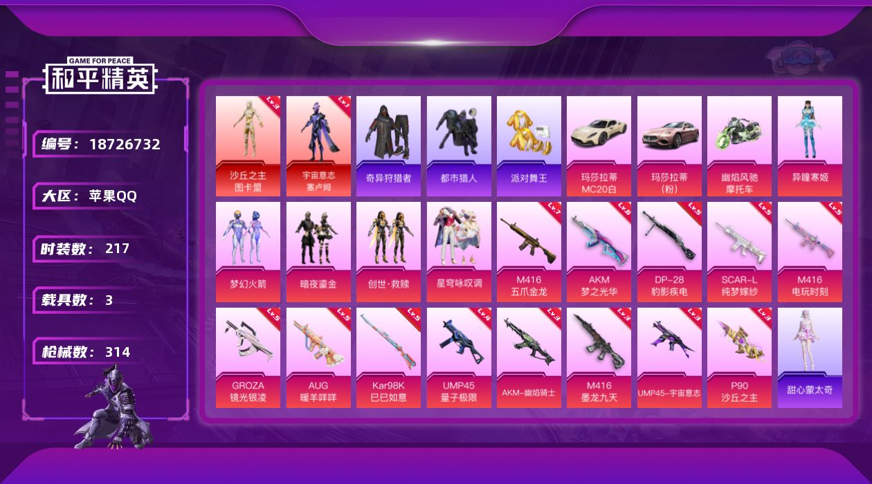 和平精英账号苹果QQ[18726732]苹果 手Q-2神装-5粉装-15特效枪-3载具-11粉色飞行器-104026热力值-17王牌印记-217套装-314枪皮
【红色神装等级】：宇宙意志-塞卢姆(一级)，沙丘之主-图卡