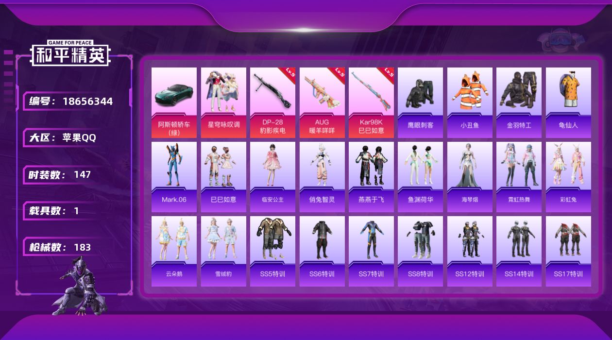 和平精英账号苹果QQ[18656344]地铁满天赋！【特价出售/店主推荐】苹果 手Q-1粉装-4特效枪-1载具-1粉色飞行器-48747热力值-14王牌印记-147套装-183枪皮
【热门品类】：套装-小丑鱼，套装-金羽