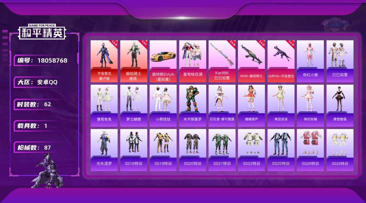 和平精英账号安卓QQ[18058768]可二次【特价出售/店主推荐】安卓 手Q-2神装-1粉装-3特效枪-1载具-2粉色飞行器-30971热力值-5王牌印记-62套装-87枪皮【红色神装等级】：幽焰骑士-维塔(一级)，宇