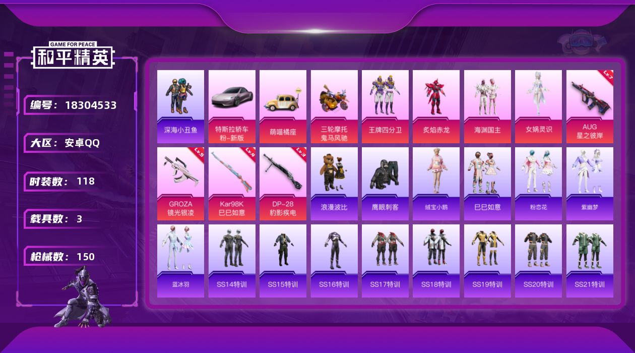 和平精英账号安卓QQ[18304533]安卓 手Q-4粉装-4特效枪-3载具-1粉色飞行器-50225热力值-7王牌印记-118套装-150枪皮【热门品类】：套装-深海小丑鱼，套装-浪漫波比【粉色套装】：粉装-王牌四分卫