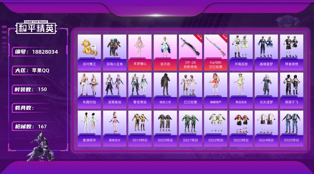 和平精英账号苹果QQ[18828034]苹果 手Q-2粉装-5特效枪-0载具-1粉色飞行器-49659热力值-10王牌印记-150套装-167枪皮
【热门品类】：套装-派对舞王，套装-深海小丑鱼，套装-暗夜之虎
【粉色套