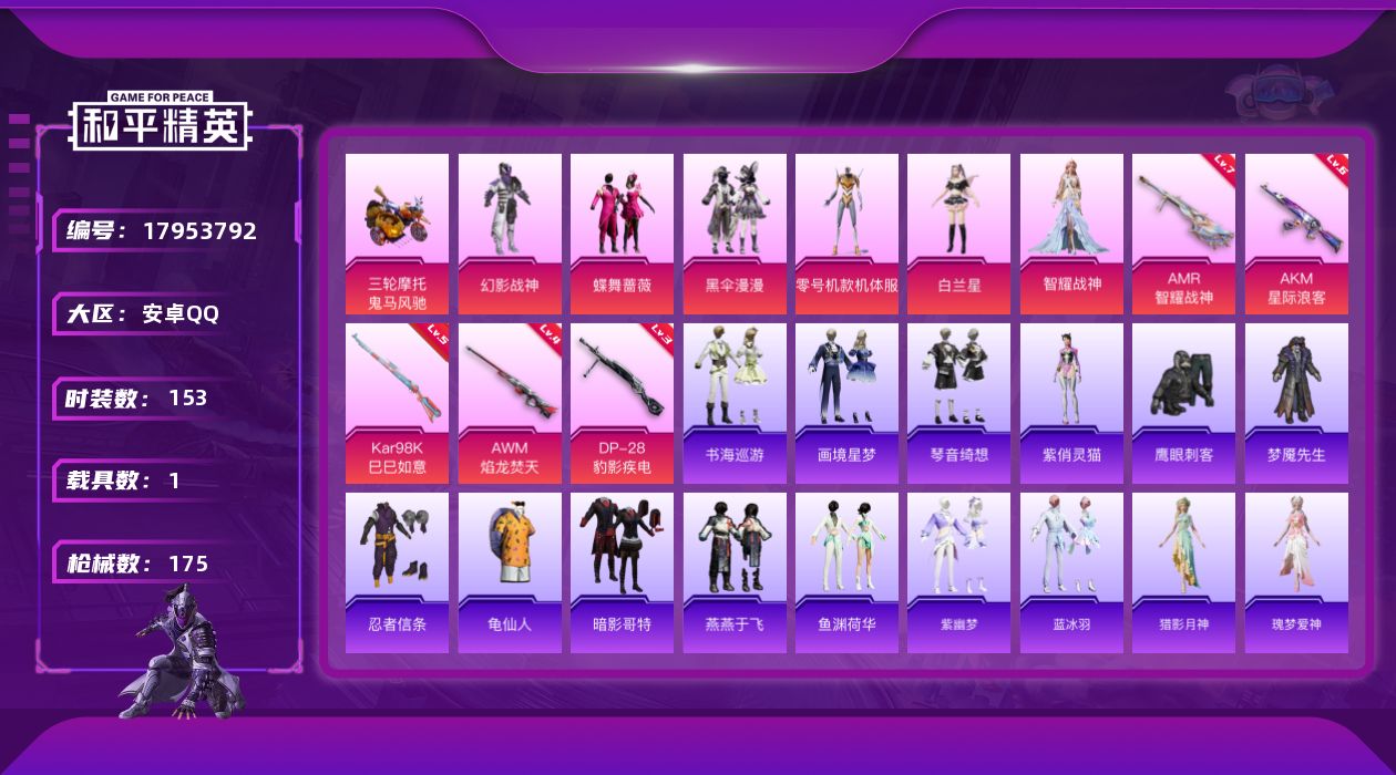 和平精英账号安卓QQ[17953792]安卓 手Q-6粉装-7特效枪-1载具-2粉色飞行器-57051热力值-7王牌印记-153套装-175枪皮
【热门品类】：套装-忍者信条，套装-龟仙人，套装-暗影哥特
【粉色套装】：