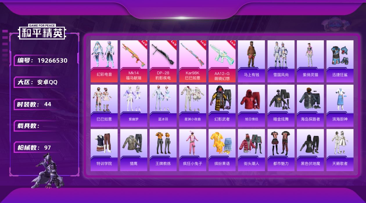 和平精英账号安卓QQ[19266530]安卓 手Q-1粉装-4特效枪-0载具-1粉色飞行器-21173热力值-0王牌印记-44套装-97枪皮
【粉色套装】：粉装-幻彩电音
【粉色枪皮等级】：Kar98K-巳巳如意(五级)