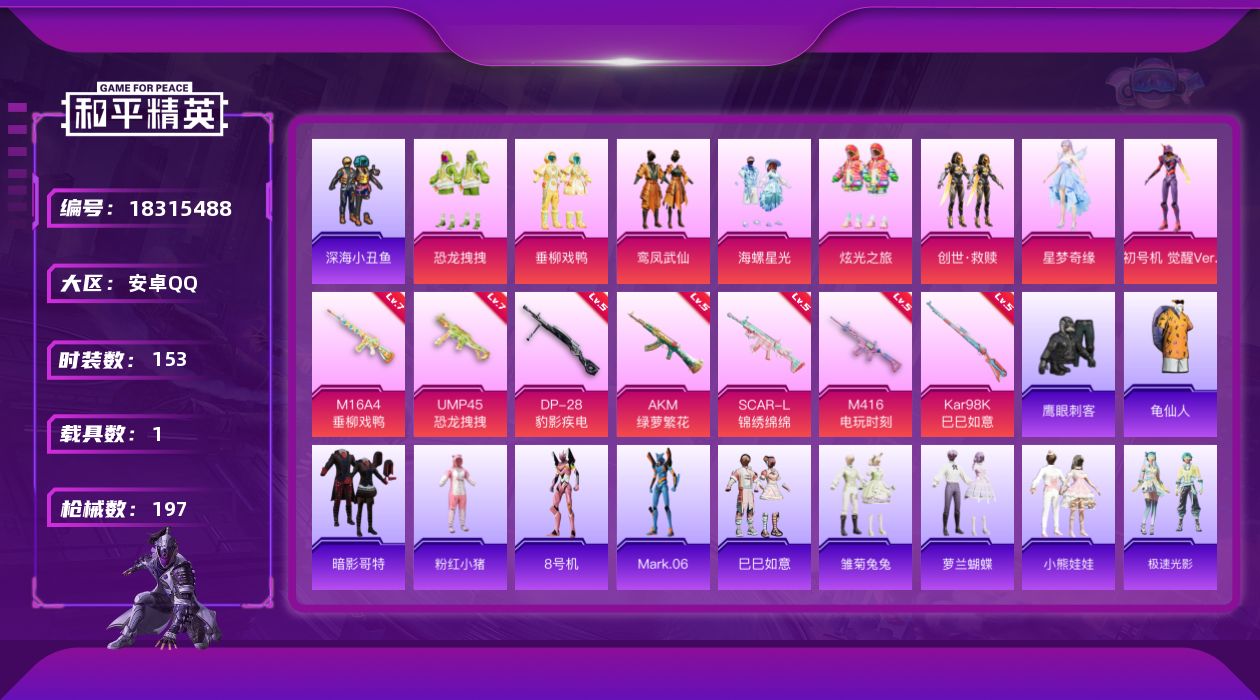和平精英账号安卓QQ[18315488]可二次【特价出售/店主推荐】安卓 手Q-8粉装-7特效枪-1载具-2粉色飞行器-65428热力值-11王牌印记-153套装-197枪皮【热门品类】：套装-深海小丑鱼，套装-龟仙人，