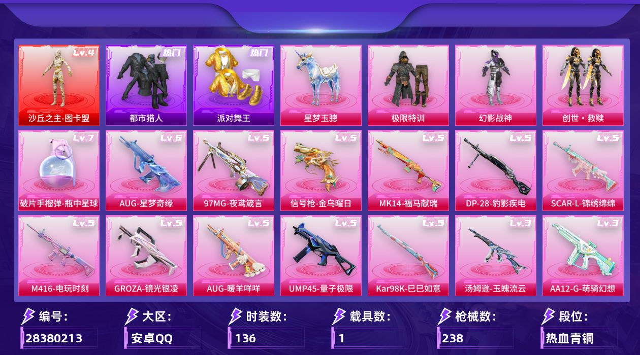 [28380213]安卓手Q-历史最高段位：无敌战神-1神装-3粉装-17特效枪-1载具-7粉色飞行器-72735热力值-14王牌印记-136套装-238枪皮
【红色神装等级】：沙丘之主-图卡盟(四级)
【红色角色神装】：沙丘之主-图卡盟
【热门品类】：套装-浪漫天命，套装-都市猎人，套装-派对舞王，套装-忍者信条，套装-暗夜之虎，套装-龟仙人，套装-暗影哥特，套装-粉红小猪，角色-Mark.06
【粉色套装】：粉装-极限特训，粉装-幻影战神，套装-创世·救赎
【粉色枪皮等级】：SCAR-L-锦绣绵绵(五级)，M416-电玩时刻(五级)，M416-墨龙九天(三级)，GROZA-镜光银凌(五级)，AUG-星梦奇缘(六级)，AUG-暖羊咩咩(五级)，UMP45-量子极限(五级)，汤姆逊-玉魄流云(三级)，P90-沙丘之主(三级)，Kar98K-巳巳如意(五级)，M24-镜域双华(三级)，Mk14-福马献瑞(五级)，AA12-G-萌骑幻想(三级)，DP-28-豹影疾电(五级)，97MG-夜鸢箴言(五级)，信号枪-金乌曜日(五级)，破片手榴弹-瓶中星球(七级)
【粉色载具】：星梦玉骢
【粉色枪皮】：SCAR-L-锦绣绵绵，M416-电玩时刻，M416-墨龙九天，GROZA-镜光银凌，AUG-星梦奇缘，AUG-暖羊咩咩，UMP45-量子极限，汤姆逊-玉魄流云，P90-沙丘之主，Kar98K-巳巳如意，M24-镜域双华，Mk14-福马献瑞，AA12-G-萌骑幻想，DP-28-豹影疾电，97MG-夜鸢箴言，信号枪-金乌曜日，破片手榴弹-瓶中星球
【粉色飞行器】：炫彩糖果飞行器，祥瑞起舞飞行器，齐天大圣飞行器，沙丘之主天马，镜域双华-灵镜之阶，龙翔九天飞行器，万象金身飞行器
【粉色降落伞】：绝对恒星降落伞，灰烬之翎降落伞，极限特训降落伞，幻影战神降落伞，千面幻镜降落伞，沙丘之主降落伞，镜域双华降落伞，墨龙九天降落伞，创世·救赎降落伞，星梦奇缘降落伞，金丰海韵降落伞，未来领航者降落伞，千金淑猫降落伞，金蛇镇世降落伞，炫彩糖果降落伞，夜鸢箴言降落伞
【稀有套装】：套装-龟仙人，套装-巳巳如意，角色-甜心蒙太奇，套装-雪国风尚，套装-炫彩糖果，套装-马上有钱，套装-迅捷龙虾，套装-遗迹猎人，套装-云宝联名款，套装-其乐融融，套装-彩旗巡礼，套装-恋语绒绒，套装-晴夏甜甜，套装-荒原烈焰，套装-云水剑心，套