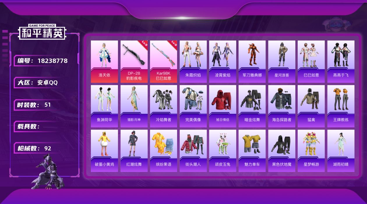 和平精英账号安卓QQ[18238778]安卓 手Q-2粉装-5特效枪-0载具-2粉色飞行器-22003热力值-3王牌印记-51套装-92枪皮
【热门品类】：角色-军刀雅典娜，套装-星河浪客
【粉色套装】：角色-洛天依，角