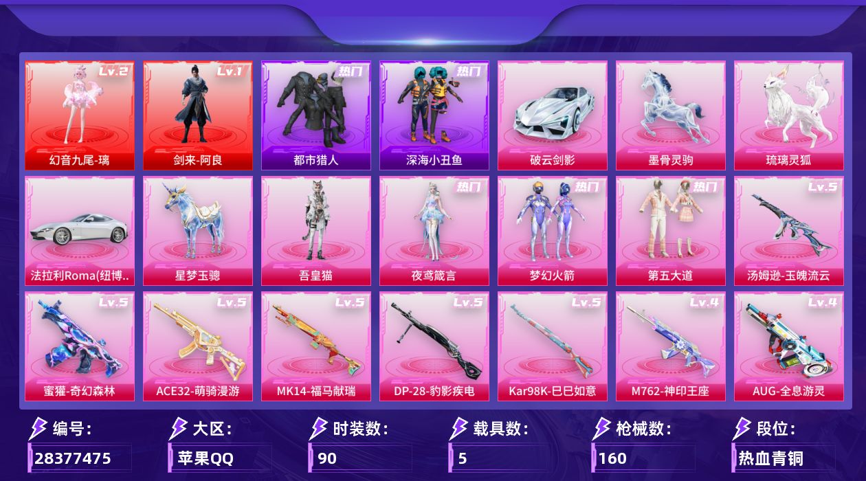 [28377475]苹果手Q-历史最高段位：无敌战神-2神装-4粉装-16特效枪-5载具-9粉色飞行器-57111热力值-6王牌印记-90套装-160枪皮
【红色神装等级】：剑来-阿良(一级)，幻音九尾-璃(二级)
【红色角色神装】：剑来-阿良，幻音九尾-璃
【热门品类】：粉装-梦幻火箭，套装-浪漫天命，套装-都市猎人，套装-深海小丑鱼，套装-小丑鱼
【粉色套装】：粉装-梦幻火箭，粉装-第五大道，角色-夜鸢箴言，角色-吾皇猫
【粉色枪皮等级】：AKM-阿良(三级)，SCAR-L-云端童话(四级)，GROZA-幻音九尾(三级)，AUG-星梦奇缘(三级)，AUG-全息游灵(四级)，M762-神印王座(四级)，蜜獾-奇幻森林(五级)，ACE32-萌骑漫游(五级)，汤姆逊-玉魄流云(五级)，野牛-吾皇猫(二级)，P90-诸神·破晓(四级)，Kar98K-巳巳如意(五级)，Mk14-福马献瑞(五级)，AA12-G-其乐融融(三级)，DP-28-豹影疾电(五级)，M338-仙逆(三级)
【粉色载具】：法拉利Roma（纽博格林银），破云剑影，星梦玉骢，琉璃灵狐，墨骨灵驹
【粉色枪皮】：AKM-阿良，SCAR-L-云端童话，GROZA-幻音九尾，AUG-星梦奇缘，AUG-全息游灵，M762-神印王座，蜜獾-奇幻森林，ACE32-萌骑漫游，汤姆逊-玉魄流云，野牛-吾皇猫，P90-诸神·破晓，Kar98K-巳巳如意，Mk14-福马献瑞，AA12-G-其乐融融，DP-28-豹影疾电，M338-仙逆
【粉色飞行器】：炫彩糖果飞行器，梦幻火箭飞行器，诸神·破晓飞行器，星罗盘飞行器，满分应援飞行器，幻光九尾飞行器，惊雷剑影飞行器，剑影随行飞行器
【粉色降落伞】：梦幻火箭降落伞，第五大道降落伞，星梦奇缘降落伞，荧海星豚降落伞，异瞳寒姬降落伞，炫彩糖果降落伞，仙逆降落伞，夜鸢箴言降落伞，全息游灵降落伞，神印王座降落伞，吾皇猫降落伞，幻音九尾降落伞，阿良降落伞，剑灵降落伞
【稀有套装】：套装-炫彩糖果，套装-马上有钱，套装-遗迹猎人，套装-其乐融融，套装-彩旗巡礼，套装-晴夏甜甜，套装-荒原烈焰，套装-云水剑心，套装-绒绒蒜鸟，角色-临安公主，套装-晶辉守护，套装-雪夜云雾，套装-蜜露汐语，套装-蓝海鲸歌，角色-绯色魅影，角色-紫俏灵猫，套装-雨过天青，套装-红釉青花，套装-锦灰蝶梦，套装-燕雀桃枝，角色-狂热音浪，