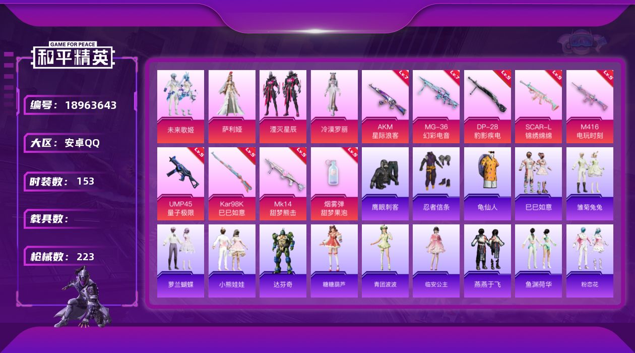 和平精英账号安卓QQ[18963643]153套装/枪械9/装备283/战备172/王牌印记15/热力值67513/七级AKM-星际浪客/五级SCAR-L-锦绣绵绵/五级M416-电玩时刻/五级UMP45-量子极限/五级