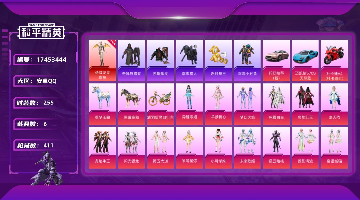 和平精英账号安卓QQ[17453444]【店主推荐捡漏号！可直接换绑】安卓 手Q-1神装-22粉装-20特效枪-6载具-16粉色飞行器-144448热力值-14王牌印记-255套装-411枪皮【红色神装等级】：圣域龙灵-