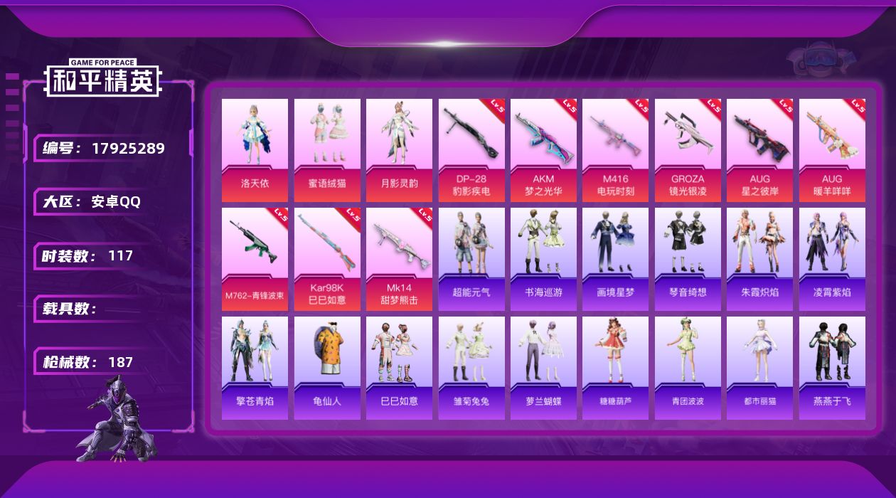 和平精英账号安卓QQ[17925289]安卓 手Q-5粉装-11特效枪-0载具-3粉色飞行器-52777热力值-7王牌印记-117套装-187枪皮
【热门品类】：套装-龟仙人
【粉色套装】：角色-洛天依，粉装-蜜语绒猫，
