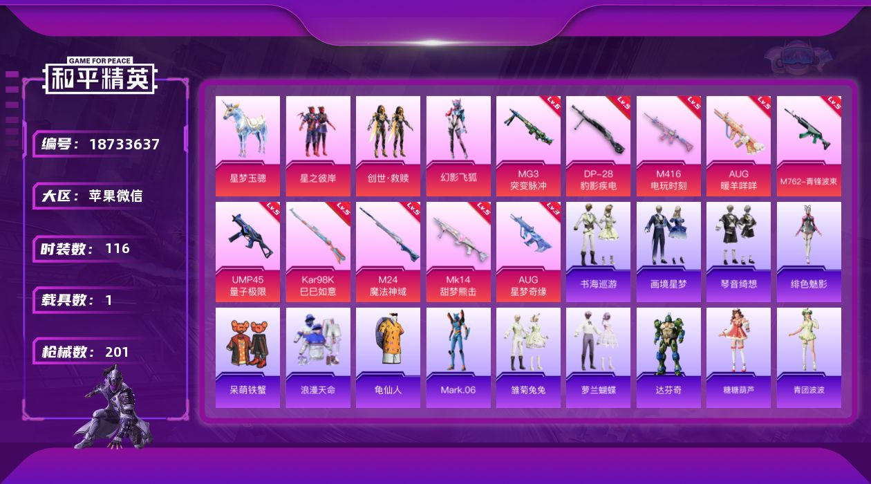 和平精英账号苹果微信[18733637]苹果 微信-3粉装-13特效枪-1载具-4粉色飞行器-60037热力值-16王牌印记-116套装-201枪皮
【热门品类】：套装-浪漫天命，套装-龟仙人，角色-Mark.06
【粉