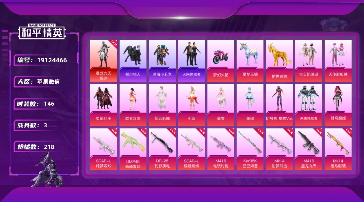 和平精英账号苹果微信[19124466]苹果微信-1神装-11粉装-10特效枪-3载具-9粉色飞行器-69919热力值-12王牌印记-146套装-218枪皮
【红色神装等级】：墨龙九天-敖渊(二级)
【红色角色神装】：墨