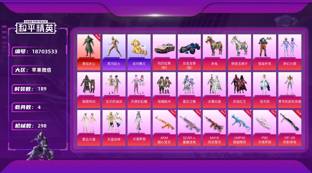 和平精英账号苹果微信[18703533]"XY924 可二次  苹果V-1红装3稀有4载具14粉装13特效枪20热门189套装298枪皮 100533热力值 24印记 历史无敌战神 青焰关公 (2级) 木乃伊 派对舞王 