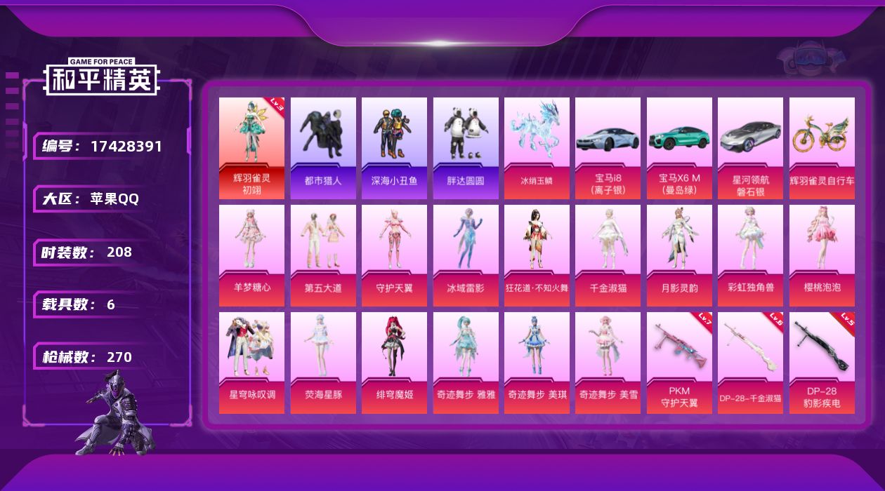 和平精英账号苹果QQ[17428391]DAS9751 包人脸  苹果Q-1红装3稀有6载具15粉装13特效枪21热门208套装270枪皮 100876热力值 12印记 历史绝世王牌16星 辉羽雀灵-初翊 (3级） 都市