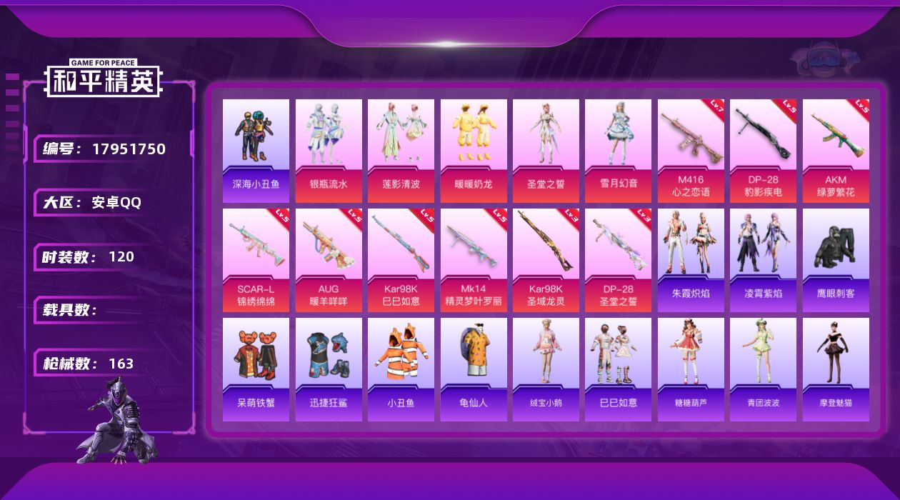 和平精英账号安卓QQ[17951750]安卓 手Q-5粉装-9特效枪-0载具-5粉色飞行器-52401热力值-3王牌印记-120套装-163枪皮
【热门品类】：套装-深海小丑鱼，套装-小丑鱼，套装-龟仙人
【粉色套装】：