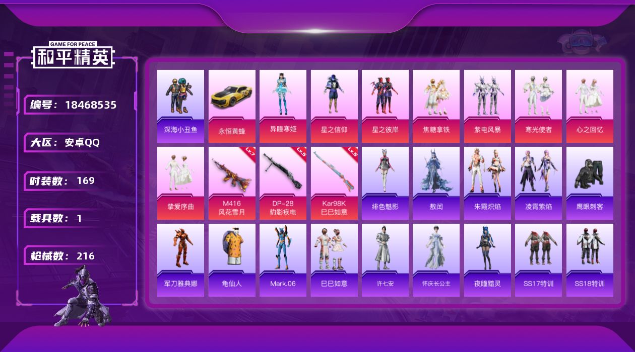 和平精英账号安卓QQ[18468535]【特价出售/店主推荐】安卓 手Q-8粉装-3特效枪-1载具-2粉色飞行器-65663热力值-18王牌印记-169套装-216枪皮【热门品类】：套装-深海小丑鱼，角色-军刀雅典娜，套