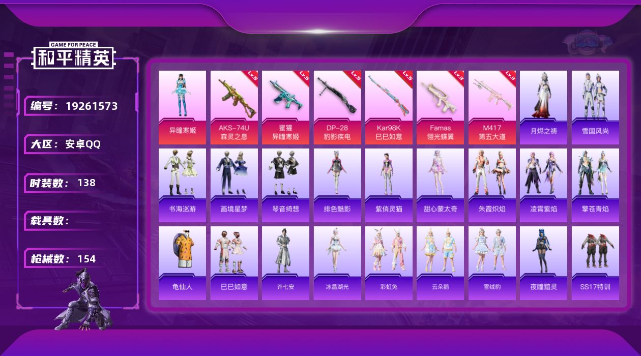 和平精英账号安卓QQ[19261573]安卓 手Q-1粉装-6特效枪-0载具-1粉色飞行器-43271热力值-8王牌印记-138套装-154枪皮
【热门品类】：套装-龟仙人
【粉色套装】：角色-异瞳寒姬
【粉色枪皮等级】