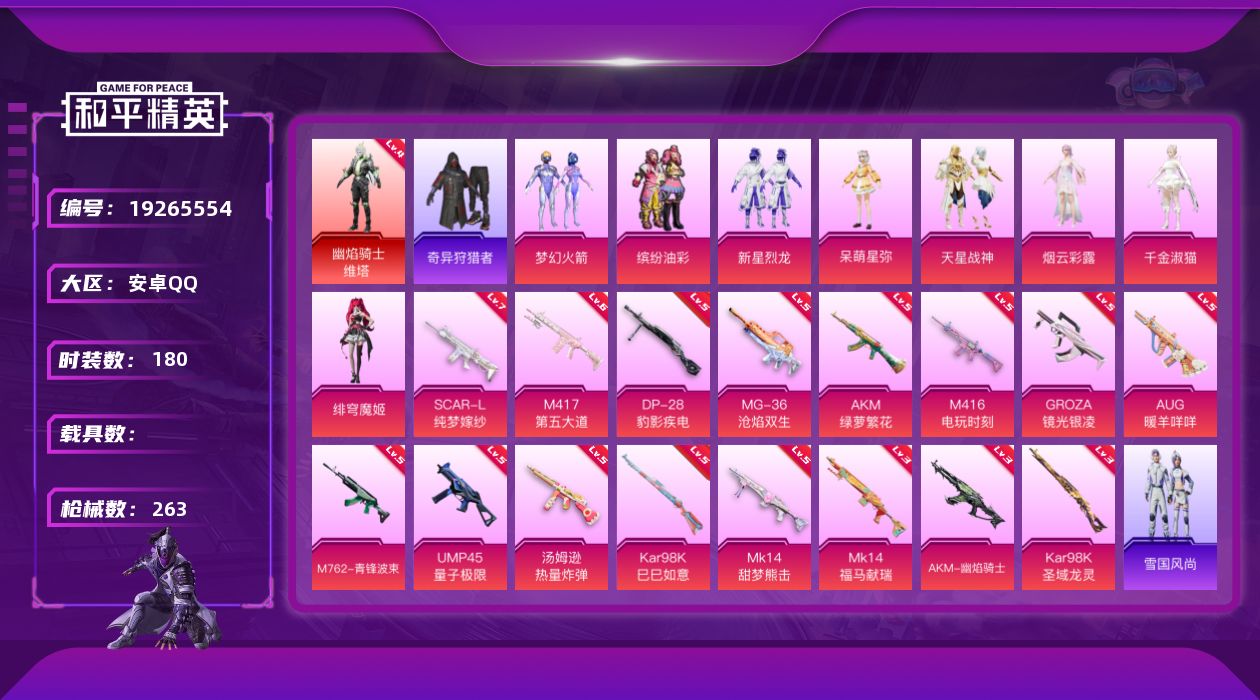 和平精英账号安卓QQ[19265554]安卓 手Q-1神装-8粉装-16特效枪-0载具-6粉色飞行器-91864热力值-15王牌印记-180套装-263枪皮
【红色神装等级】：幽焰骑士-维塔(四级)
【红色角色神装】：幽