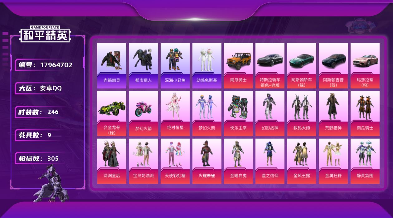 和平精英账号安卓QQ[17964702]安卓 手Q-26粉装-15特效枪-9载具-10粉色飞行器-128147热力值-8王牌印记-246套装-305枪皮
【热门品类】：粉装-梦幻火箭，套装-赤蝎幽灵，套装-都市猎人，套装