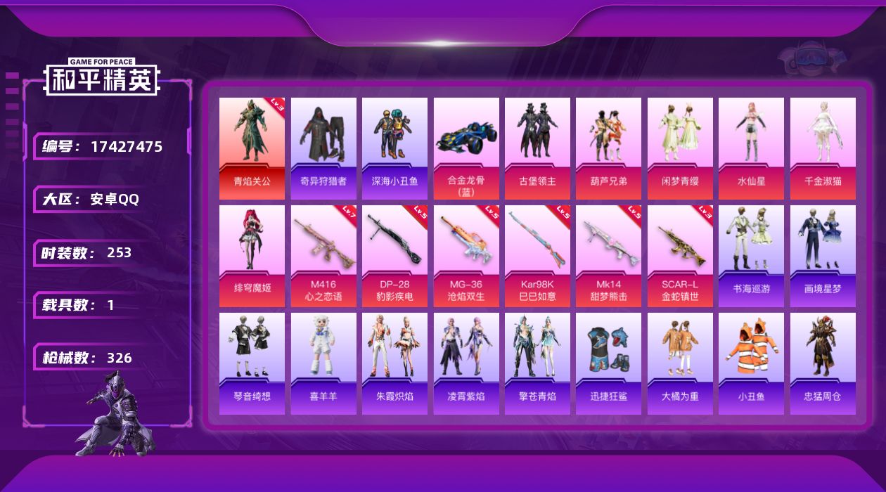 和平精英账号安卓QQDAS9387有二次 安卓Q-1红装2稀有1载具6粉装10特效枪27热门253套装326枪皮 103