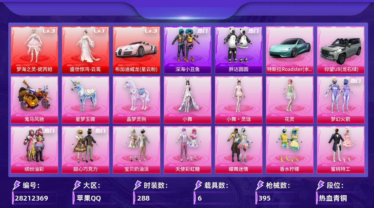 [28212369]苹果手Q-历史最高段位：绝世王牌14星-2神装-33粉装-15特效枪-6载具-16粉色飞行器-151089热力值-12王牌印记-288套装-395枪皮
【红色载具等级】：布加迪威龙（星云粉）(三级)
【红色神装等级】：盛世惊鸿-云鸾(一级)，梦海之灵-妮芮妲(三级)
【红色角色神装】：盛世惊鸿-云鸾，梦海之灵-妮芮妲
【热门品类】：粉装-梦幻火箭，粉装-缤纷油彩，套装-浪漫天命，套装-深海小丑鱼，套装-胖达圆圆，套装-龟仙人，套装-潮萌小黄鸭，套装-暗影哥特，套装-浪漫波比，套装-粉红小猪，套装-糯粉咩咩，角色-8号机
【粉色套装】：粉装-甜心巧克力，粉装-宝贝奶油派，粉装-天使彩虹糖，粉装-蝶舞迷情，粉装-梦幻火箭，粉装-缤纷油彩，粉装-香水柠檬，粉装-蜜桃特工，粉装-山涧鹿灵，角色-洛天依，粉装-海盐物语，粉装-彩虹甜喵，粉装-霞光圣骑，粉装-寒光使者，粉装-第五大道，角色-星云暗核，粉装-莲影清波，角色-严莉莉，角色-小蓝，角色-美雪，角色-美琪，角色-电磁星，角色-鸢尾晶梦，粉装-时空协奏·火花，角色-千金淑猫，角色-萨利娅，角色-女娲灵识，角色-晶梦幻蝶，角色-樱桃泡泡，角色-荧海星豚，角色-花灵，人物-小舞，人物-小舞·灵珑
【粉色枪皮等级】：SCAR-L-云端童话(五级)，M416-心之恋语(七级)，M416-电玩时刻(五级)，Kar98K-巳巳如意(五级)，Mk14-盛世惊鸿(三级)，M200-梦海之灵(三级)，SVD-月影灵韵(五级)，AA12-G-其乐融融(四级)，M249-蓝莓炮弹(一级)，M249-彩虹甜喵(七级)，DP-28-豹影疾电(五级)，MG3-洛神天依(七级)，爆炸猎弓-拳皇·狂花道(二级)，烟雾弹-丁香清露(五级)
【粉色载具】：布加迪威龙（星云粉），特斯拉Roadster（水滴蓝），仰望U8（龙石绿），鬼马风驰，星梦玉骢，晶梦灵驹
【粉色枪皮】：SCAR-L-云端童话，M416-心之恋语，M416-电玩时刻，Kar98K-巳巳如意，Mk14-盛世惊鸿，M200-梦海之灵，SVD-月影灵韵，AA12-G-其乐融融，M249-蓝莓炮弹，M249-彩虹甜喵，DP-28-豹影疾电，MG3-洛神天依，爆炸猎弓-拳皇·狂花道，烟雾弹-丁香清露，破片手榴弹-秋玉花灯
【粉色飞行器】：酣梦熊熊飞行器，炫彩糖果飞行器，绚金瑰梦飞行器，萌物绒绒飞