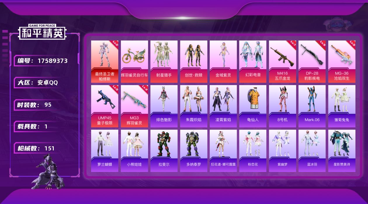 和平精英账号安卓QQ[17589373]有地铁苏尔南 可二次【特价出售/店主推荐】安卓 手Q-1神装-4粉装-6特效枪-1载具-5粉色飞行器-49431热力值-9王牌印记-95套装-151枪皮【红色神装等级】：最终圣卫者