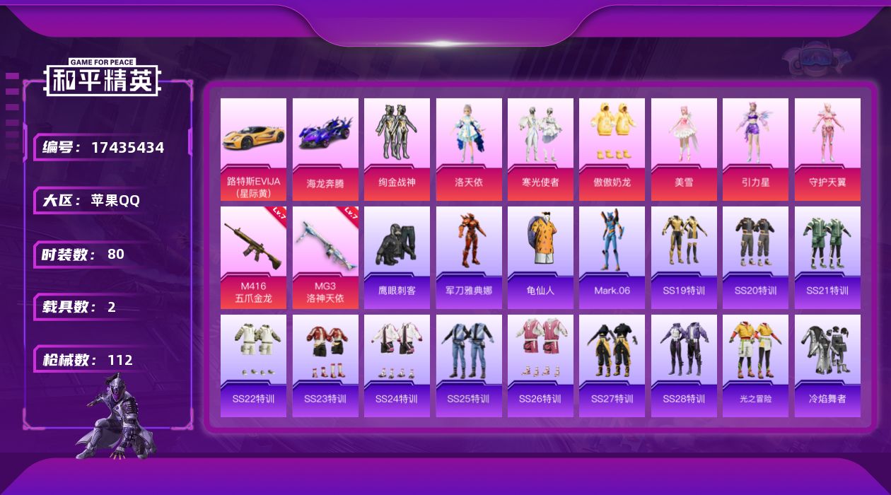 和平精英账号苹果QQ[17435434]苹果 手Q-7粉装-2特效枪-2载具-1粉色飞行器-40016热力值-4王牌印记-80套装-112枪皮
【热门品类】：角色-军刀雅典娜，套装-龟仙人，角色-Mark.06
【粉色套