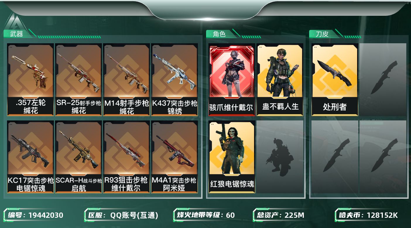 三角洲行动账号QQ总资产225M/哈夫币12815万/传说近战数1/干员外观数3/传说枪皮数8/战场等级1/行动等级60/安全箱等时效性道具以游戏内数据为准，详情请看图/骇爪-维什戴尔/红狼-电锯惊魂/蛊-不羁人生/近