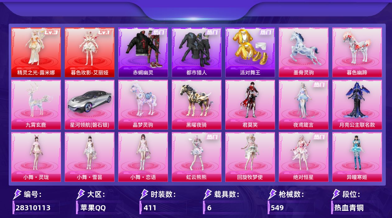 [28310113]苹果手Q-历史最高段位：卓越王牌12星-2神装-44粉装-30特效枪-6载具-21粉色飞行器-196605热力值-23王牌印记-411套装-549枪皮
【红色神装等级】：暮色玫影-艾丽娅(一级)，精灵之光-露米娜(三级)
【红色角色神装】：暮色玫影-艾丽娅，精灵之光-露米娜
【热门品类】：粉装-雪国幻梦，粉装-缤纷油彩，套装-浪漫天命，套装-赤蝎幽灵，套装-都市猎人，套装-派对舞王，套装-AG战队服，套装-SS1特训，套装-龟仙人，套装-潮萌小黄鸭，套装-粉红小猪，套装-糯粉咩咩，角色-六号稻草人
【粉色套装】：角色-月亮公主联名款，角色-绝对恒星，粉装-碎梦浮光，粉装-甜心巧克力，粉装-宝贝奶油派，粉装-天使彩虹糖，粉装-雪国幻梦，粉装-缤纷油彩，角色-洛天依，粉装-岚岚物语，粉装-甜梦小狐，粉装-暖熊萌萌，粉装-傲雪凌霜，粉装-甜蜜草莓，粉装-暗夜鎏金，粉装-第五大道，粉装-碧蓝澄空，角色-呆萌星弥，粉装-天星战神，粉装-傲傲奶龙，粉装-镜光幻境，粉装-蜜语绒猫，粉装-时空协奏·心弦，角色-樱桃泡泡，粉装-星月云朵，角色-智耀战神，粉装-星穹咏叹调，角色-狂魅哈莉，角色-冷漠罗丽，角色-荧海星豚，角色-绯穹魔姬，角色-奇迹舞步 美雪，角色-羊梦糖心，角色-异瞳寒姬，角色-回旋牧梦使，角色-虹云熊熊，人物-小舞·灵珑，人物-小舞·雪昙，人物-小舞·恋语，角色-夜鸢箴言，角色-君莫笑，人物-洛天依，人物-洛天依·龙灵，人物-洛天依·花嫁
【粉色枪皮等级】：轻型迫击炮-酷夏轰炸(一级)，AKM-满月旋律(四级)，SCAR-L-云端童话(五级)，M416-女娲灵识(六级)，GROZA-镜光银凌(五级)，AUG-暖羊咩咩(五级)，AUG-全息游灵(五级)，AC-VAL-君莫笑(二级)，蜜獾-荧海星豚(五级)，UMP45-萌骑冒险(四级)，Vector-流风之羽(四级)，汤姆逊-玉魄流云(三级)，AKS-74U-森灵之息(四级)，AKS-74U-琉璃赤心(五级)，Kar98K-巳巳如意(五级)，Mk14-甜梦熊击(五级)，Mk14-福马献瑞(三级)，SLR-暗夜玫瑰(七级)，M417-第五大道(三级)，M200-梦海之灵(三级)，MK12-雪月幻音(七级)，AA12-G-其乐融融(五级)，SPAS-12-蜜语绒猫(一级)，M249-绝对恒星(三级)，DP-28-豹影疾电(