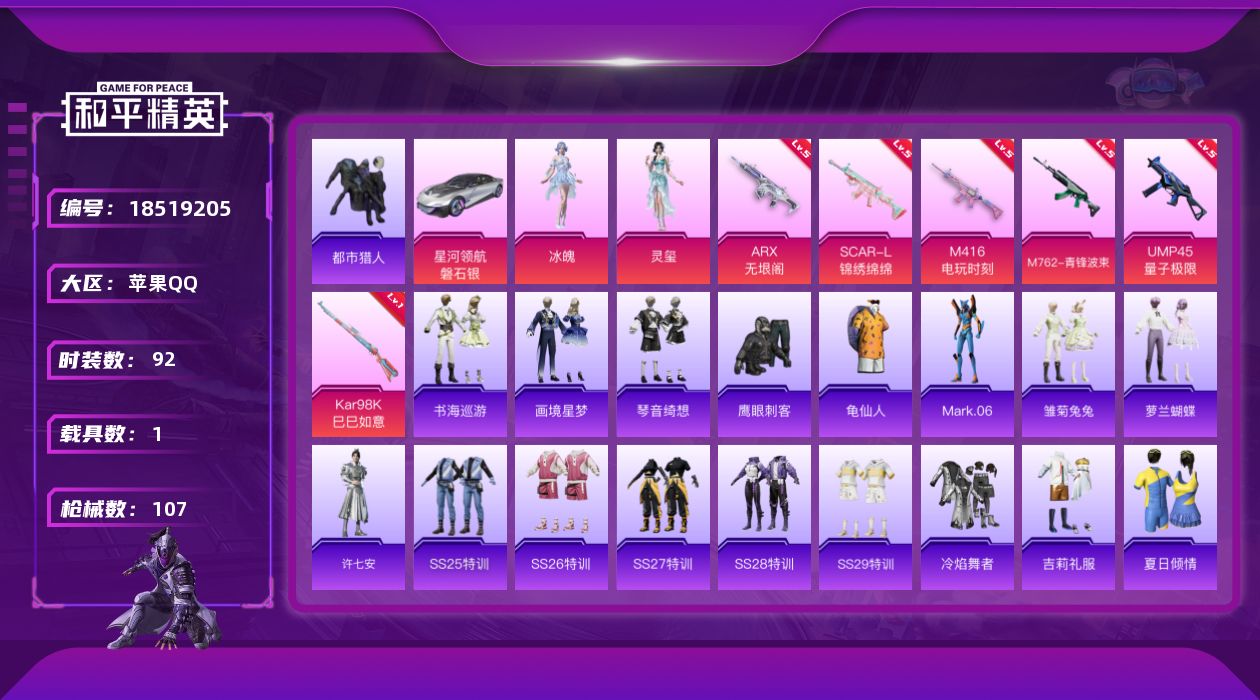 和平精英账号苹果QQ[18519205]苹果 手Q-3粉装-7特效枪-1载具-2粉色飞行器-34150热力值-6王牌印记-92套装-107枪皮
【热门品类】：套装-都市猎人，套装-龟仙人，角色-Mark.06
【粉色套装