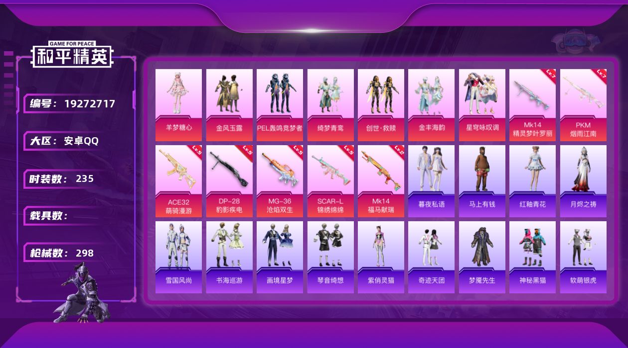 和平精英账号安卓QQ[19272717]安卓 手Q-7粉装-7特效枪-0载具-2粉色飞行器-90136热力值-10王牌印记-235套装-298枪皮
【热门品类】：套装-龟仙人，套装-粉红小猪
【粉色套装】：粉装-金风玉露