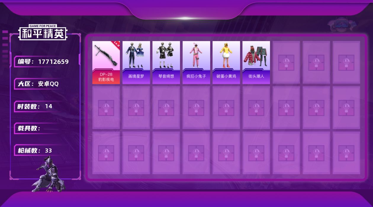 和平精英账号安卓QQ[17712659]【特价出售/店主推荐】安卓 手Q-1粉装-5特效枪-1粉色飞行器-9682热力值-1王牌印记-14套装-33枪皮【粉色套装】：角色-辉云木星【粉色枪皮等级】：ACE32-萌骑漫游(