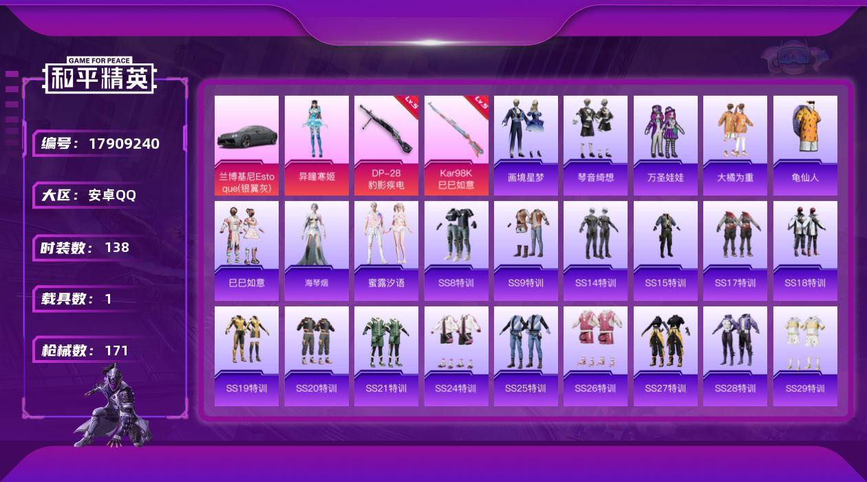 和平精英账号安卓QQ[17909240]安卓 手Q-1粉装-4特效枪-1载具-2粉色飞行器-49140热力值-7王牌印记-138套装-171枪皮
【热门品类】：套装-龟仙人
【粉色套装】：角色-异瞳寒姬
【粉色枪皮等级】