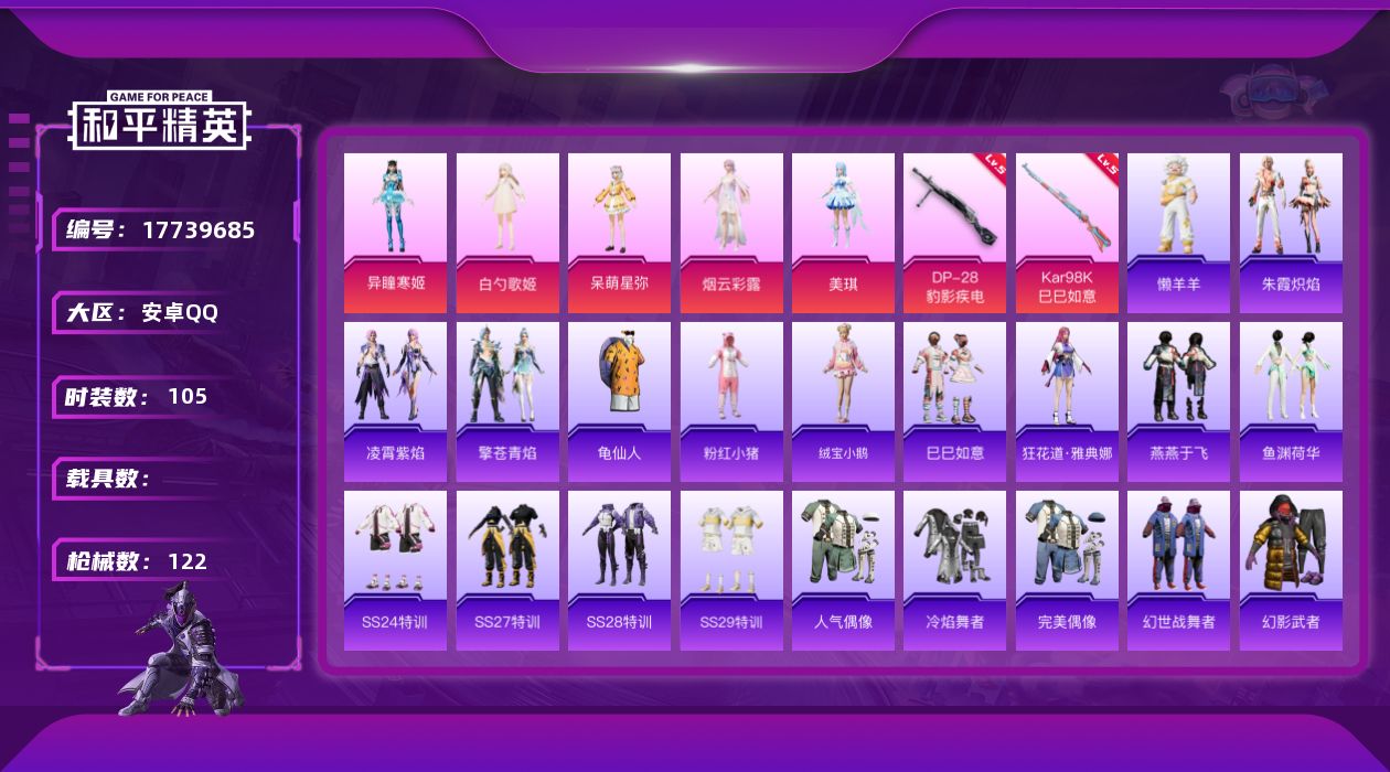 和平精英账号安卓QQ[17739685]安卓 手Q-5粉装-5特效枪-0载具-0粉色飞行器-35686热力值-5王牌印记-105套装-122枪皮
【热门品类】：套装-龟仙人，套装-粉红小猪
【粉色套装】：角色-白勺歌姬，